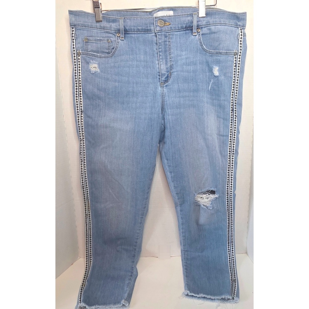 LOFT Modern Skinny Crop Jeans Light Wash Distressed Geometric Side Stripe 32 14